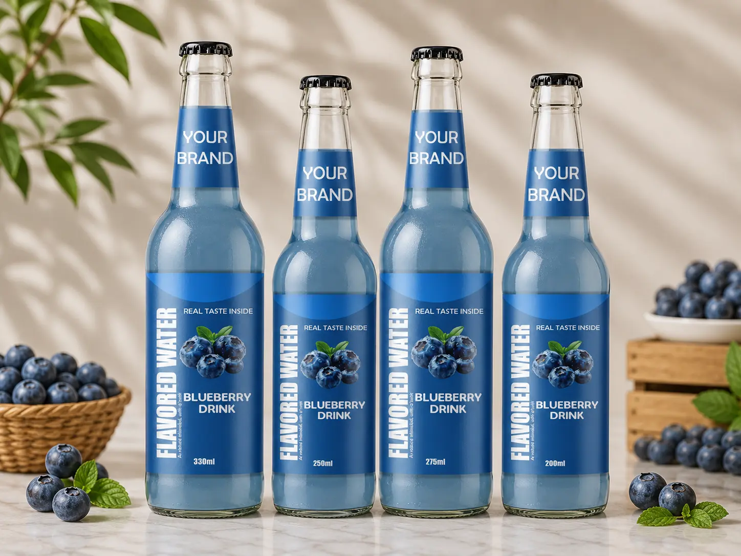 FLAVORED WATER Blueberry flavour in 200ml, 250ml, 275ml and 330ml glass bottles.